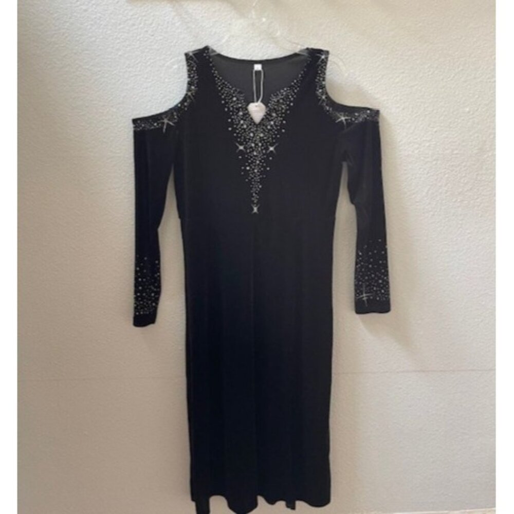 Velvet Cold-Shoulder Evening Dress with Sparkle Design (Black) Size L